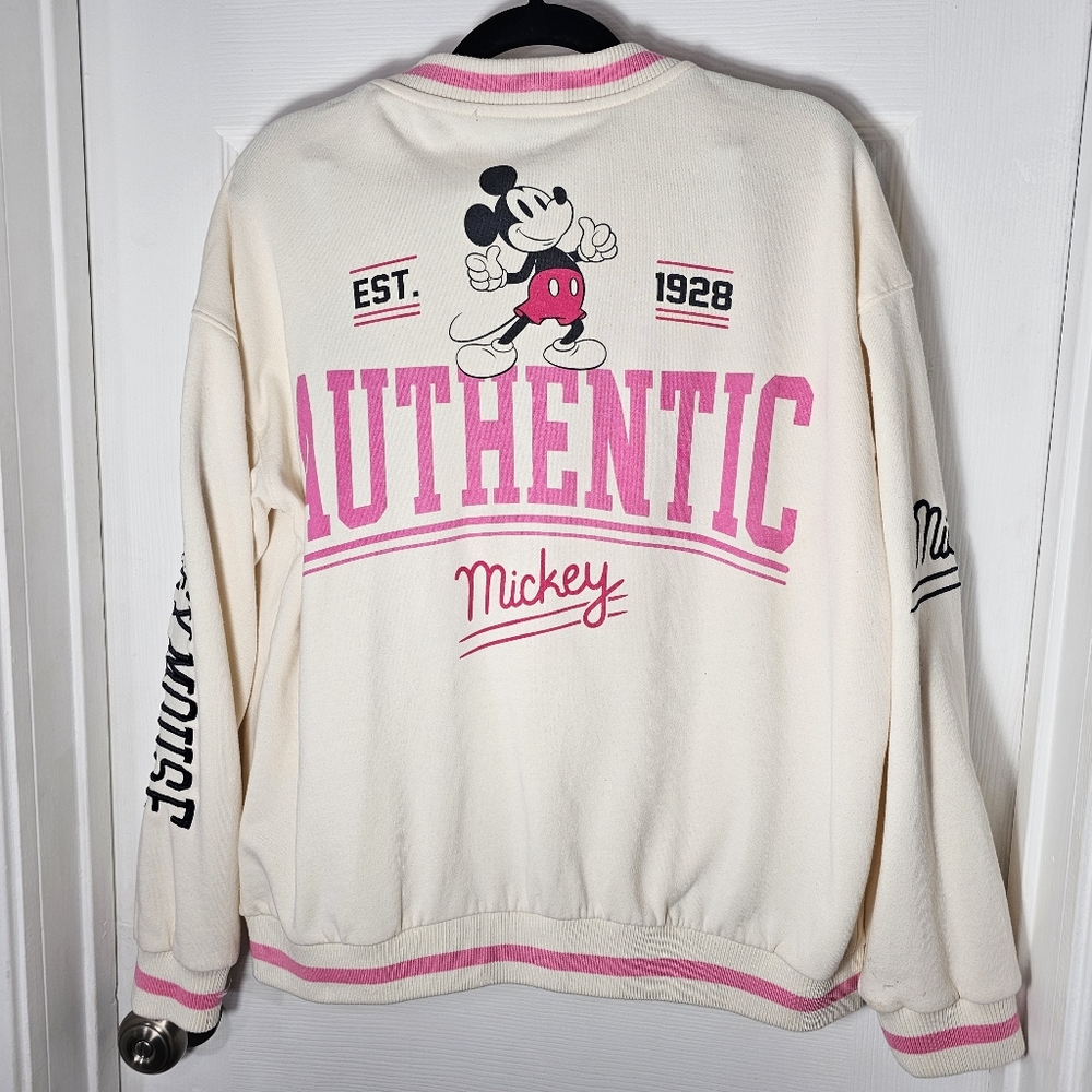 DISNEY MICKEY MOUSE XL Bomber Varsity Embroidered Jacket Pink Ivory Buttoned - Picture 10 of 13